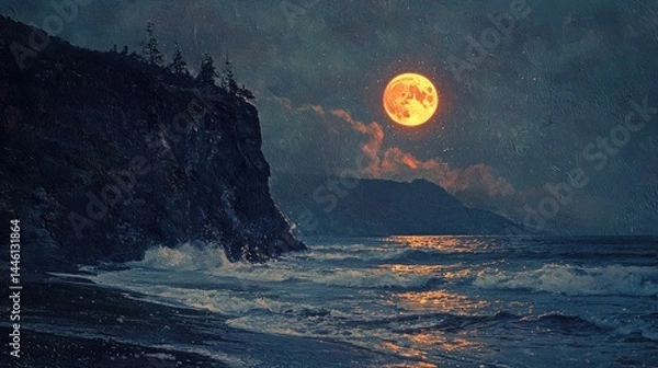 Fototapeta Dramatic coastal scene under a large orange moon.