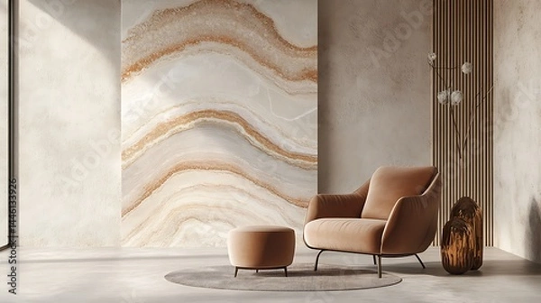 Fototapeta Neutral reading corner with minimalist armchair, abstract wall art, and sculptural decor in warm tones. Generative Ai