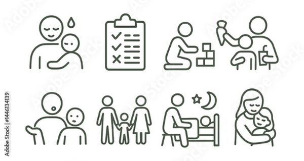 Fototapeta Line style icons of parenting goals: patient icon, balanced routine, creative play, healthy habits, calm response, family time, bedtime success, bonding time.