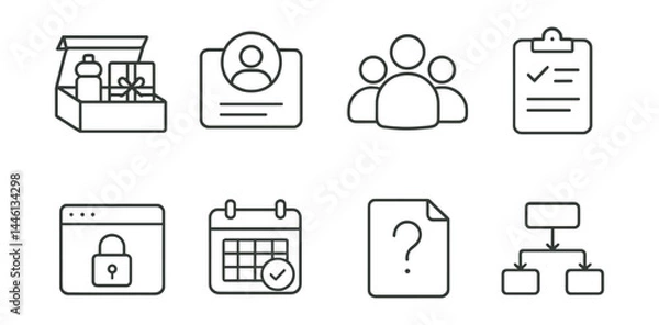 Fototapeta Line style icons of onboarding process: welcome kit, user profile, team intro, first task, access setup, calendar invite, help doc, training flow.