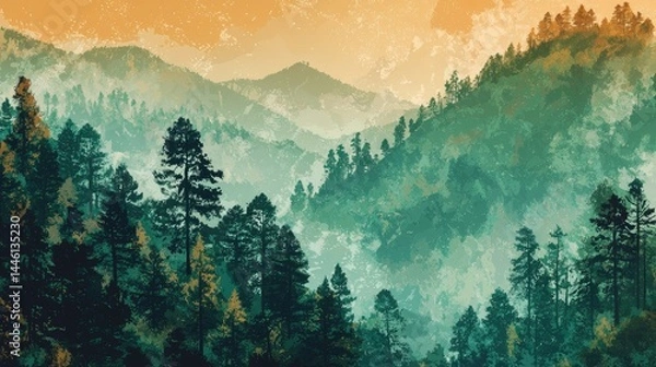 Fototapeta Misty mountain range landscape, painted in soft hues.