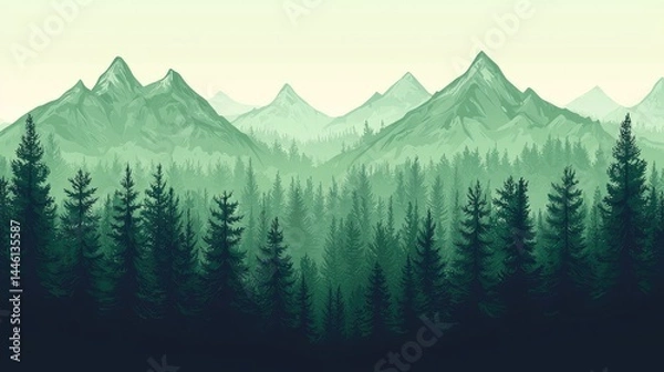 Fototapeta Lush, misty mountain range in a dense evergreen forest.