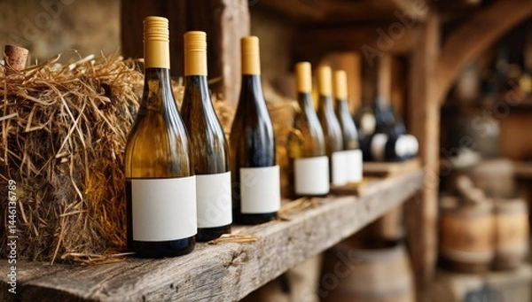 Obraz White wine bottles on shelf in cellar aging for sale or tasting, still life