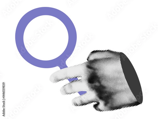 Fototapeta Trendy collage cutout element. Halftone hand holding magnifying glass. Search, research, find information concept. Modern retro vector illustration, sticker for mixed media design on transparent bg