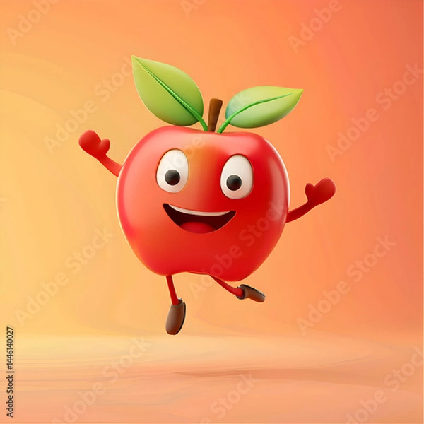 Obraz Joyful Red Apple Cartoon Character 3D Render