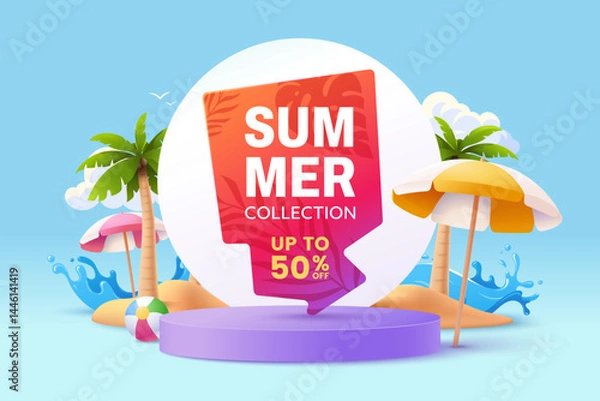 Obraz Summer collection sale banner with tropical beach scene, palm trees, water splashes and umbrellas. 3d style. Summer sale poster design. Ideal for promotions and seasonal discount. Vector illustration