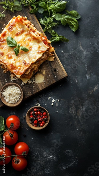 Obraz Delicious lasagna served on a wooden board with fresh tomatoes  