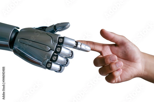 Fototapeta A robot hand touches a human finger against a stark black background on transparent background