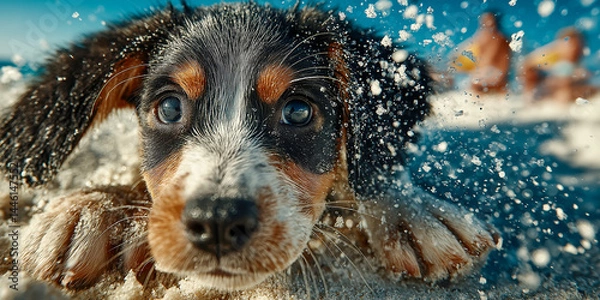 Fototapeta Beagle puppy playing and digging in sandy beach with water splashes and blurred background, perfect for summer themes, pet care ads and playful content