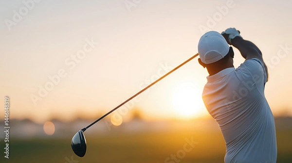 Fototapeta Rear view of golfer swinging club with dynamic motion against sunrise horizon, ideal for sports branding, golf tournaments and active lifestyle content
