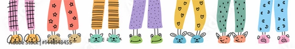 Fototapeta Horizontal vector illustration of feet in children's slippers, home footwear hand drawn in doodle style