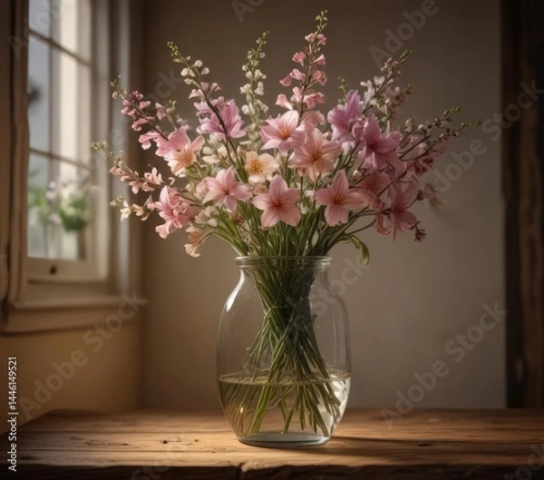 Fototapeta Spring blooms in a glass vase, illuminated by a warm lamplight on rustic wood ,  home,  spring flowers,  stock photo