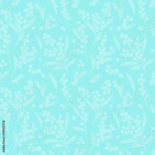 Fototapeta Seamless pattern with silhouettes of mimosa branches on light blue and mint background. Elegant floral print in pastel colors for textiles, packaging and design.