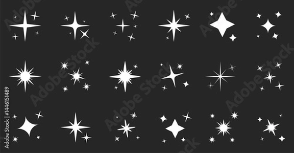 Fototapeta Set of sparkling stars icon. Various stars in white color isolated. Different shine or sparkle. Decorative twinkle and bursts forms, shining flash symbols, glowing light effect. Vector