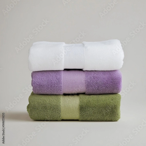 Obraz Stack of purple and green towels on white background in studio style