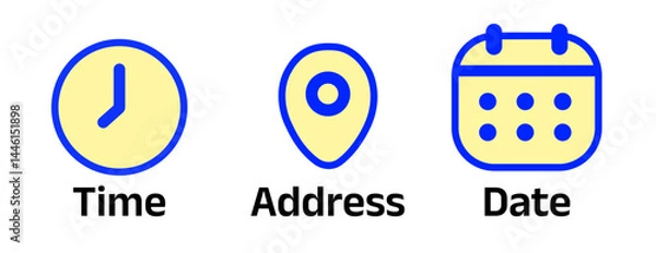 Obraz Time, date and address icon set. Calendar, clock, location. Editable stroke. Linear vector outline illustration. Vector illustration.	