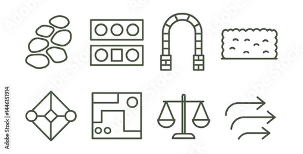 Obraz Line style icons of garden design: path stone, planter layout, garden arch, hedge line, symmetry icon, layout sketch, balance symbol, flow direction.