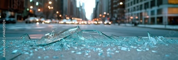 Fototapeta Close-up of shattered glass on a city sidewalk with urban buildings and warm evening lights in the background, creating a striking dynamic pattern