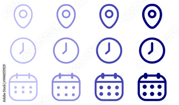 Obraz Time, date and address icon set. Calendar, clock, location. Editable stroke. Linear vector outline illustration. Vector illustration.	