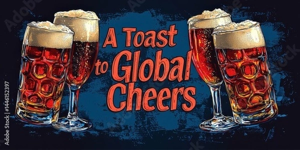 Obraz International beer day with foam and celebration idea. A toast with beer glasses celebrating global cheers.