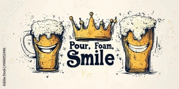 Obraz International beer day with foam and celebration idea. Cheers with beer mugs and a playful message "Pour, Foam, Smile" and crown design.