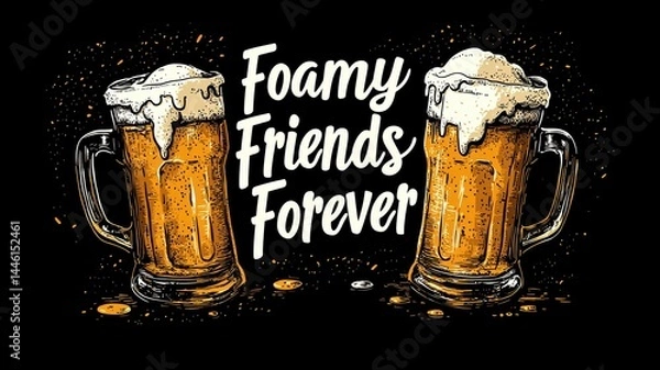 Obraz International beer day with foam and celebration idea. Foamy beer mugs with the phrase "Foamy Friends Forever