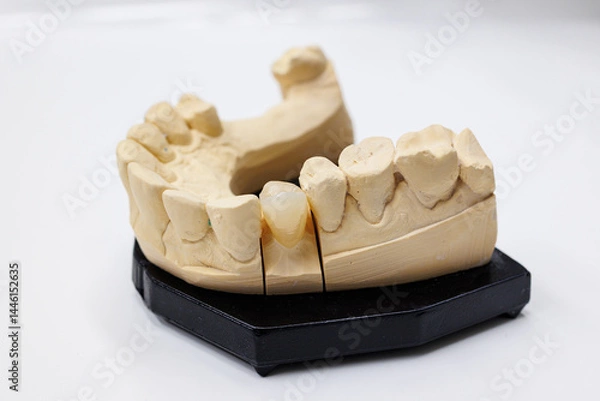 Obraz Dental stone model of lower jaw for prosthetic work, Close-up of a dental stone cast showing a lower jaw with detailed teeth anatomy.