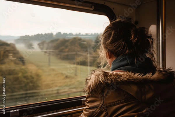 Obraz Passenger looking at the scenery outside the window in countryside train cabin, natural and soft lighting. Generative AI