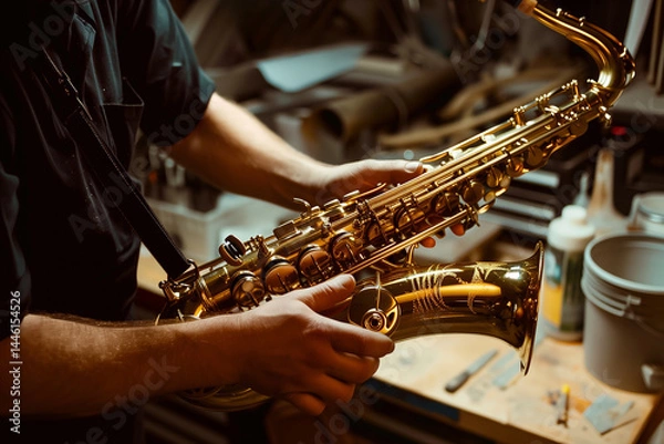 Obraz Closeup of technician tuning a saxophone in a workshop. Generative AI
