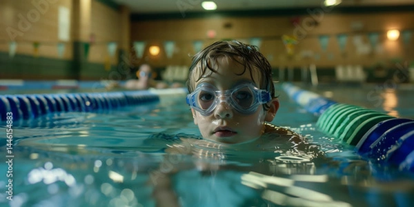 Fototapeta Joyful child wearing goggles enthusiastically swimming happily in a pool. Generative AI
