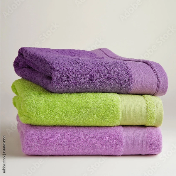 Obraz Stack of purple and green towels on white background in studio style