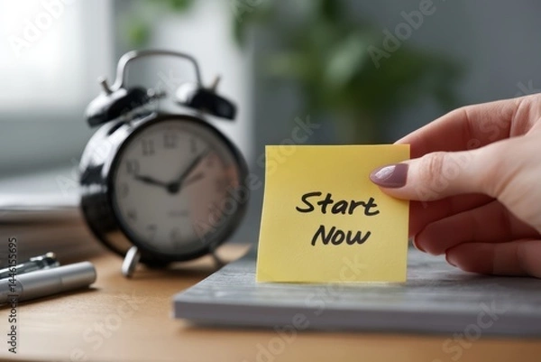 Obraz Motivational Sticky Note "Start Now" with Clock for Beating Procrastination Concept