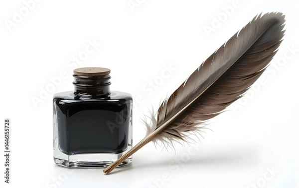 Obraz Feather quill pen with ink bottle beside it, quill and inkwell on white background