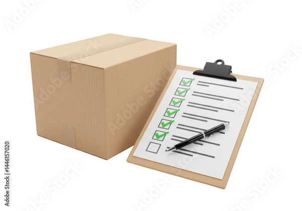Fototapeta A cardboard box with a clipboard showing checked boxes and a pen isolated on transparent background