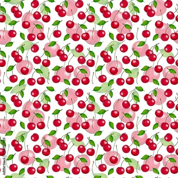 Fototapeta Seamless watercolor pattern with branches cherries and green leaves on white background. Suitable for packaging, textile and culinary design.
