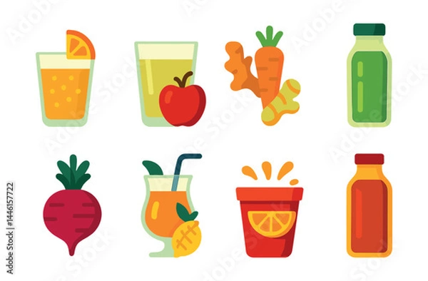 Obraz Flat vector icons of fresh juices: orange juice with pulp, apple juice glass, carrot ginger blend, green juice in bottle, beetroot juice icon, tropical mix with straw, citrus splash cup, cold-pressed