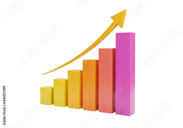 Obraz Colorful bar graph showing upward trend with yellow arrow view isolated on transparent background