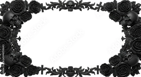 Fototapeta Black Roses and Skulls Frame - Elegant black and white border design featuring black roses, skulls, and ornate details. Perfect for gothic or dark aesthetic projects
