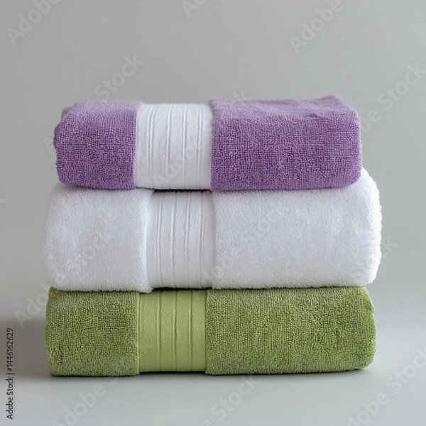 Obraz Stack of purple and green towels on white background in studio style