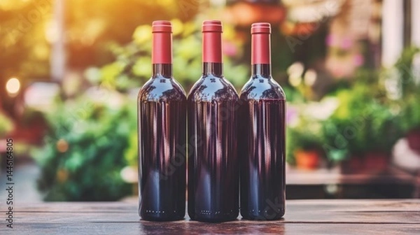 Fototapeta Three red wine bottles on a table, outdoor cafe background, summer drinks