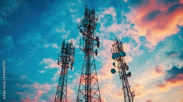 Fototapeta Communication towers against a vibrant sunset sky