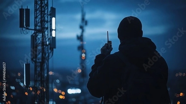 Fototapeta Technician at night on cell tower