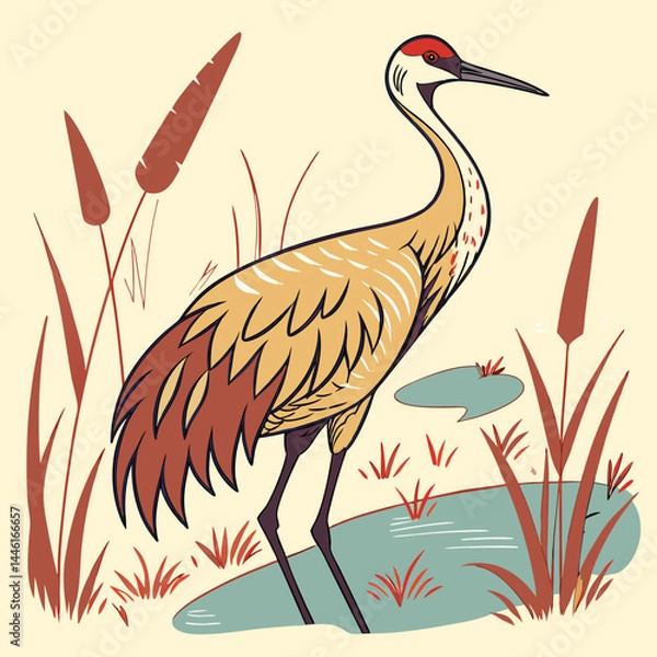 Obraz ​This vector artwork features a detailed illustration of the Sandhill Crane, a large North American bird known for its long legs, gray plumage, and distinctive red crown