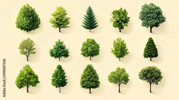 Fototapeta Various tree types, realistic illustrations