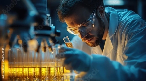 Fototapeta Focused scientist examining liquid samples in a lab