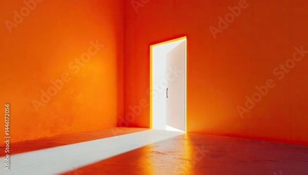 Fototapeta A bright white door in a bold orange room, casting a stark shadow.  A simple, minimalist scene of possibility and light