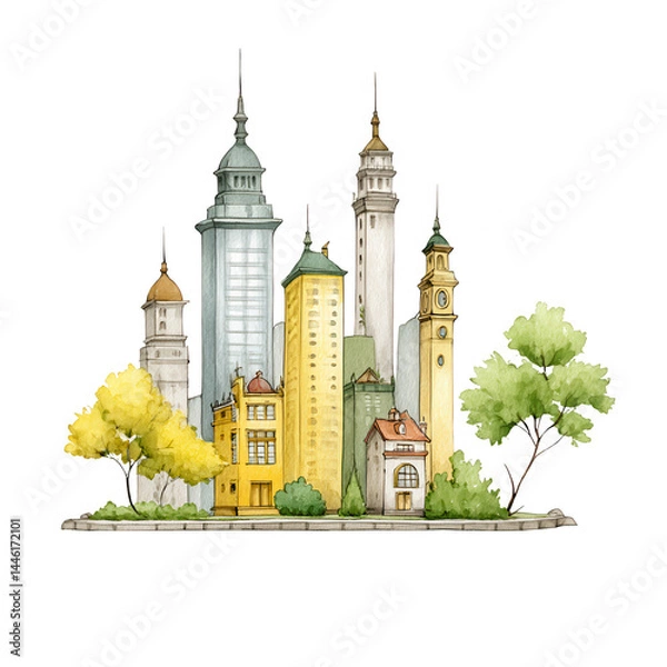 Fototapeta Watercolor city illustration showcases various building types and trees.