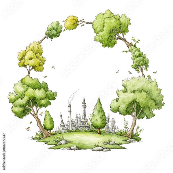 Fototapeta Illustration shows a sustainable city with green trees in a circle frame.