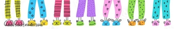 Fototapeta Horizontal illustration of feet in children's slippers, home shoes hand drawn in doodle style