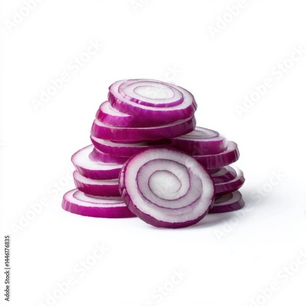 Obraz Red onion slices stacked isolated on white background